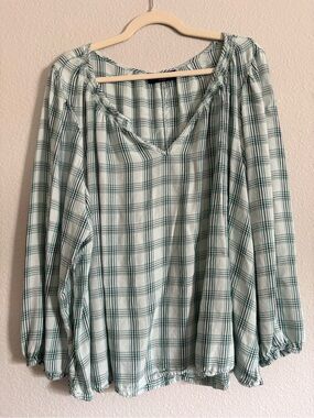 Lane Bryant Green Plaid Peasant Blouse - Women Tops